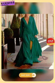 Sell Dress V-neck Solid Long Sleeve Summer Skirt Flowy Long Sleeve V-neck Dress For Party, Green V-neck Dress For Fall, Winter Evening Maxi Dress With V-neck, Green Long Sleeve V-neck Dress For Fall, Spring V-neck Maxi Dress In Solid Color, V-neck Winter Maxi Dress For Party, Winter Party V-neck Maxi Dress, V-neck Maxi Dress For Winter Evenings, Flowy V-neck Dress For Fall