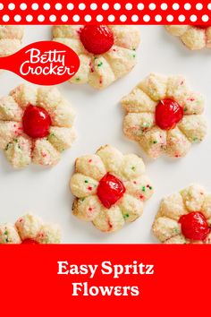 easy spritz flower cookies on a red and white background