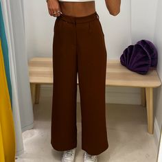 Sadie & Sage High-Waisted Trousers - High Waisted - Small Front Pleats - Wide Leg Brown 95% Polyester, 5% Spandex Small & Medium, Made In China Uc24 Brown High Waist Bottoms For Day Out, High Waist Brown Bottoms For Day Out, Fitted Solid Wide Leg Pants For Day Out, Trendy Brown Bottoms For Business Casual, Brown Solid Color Work Pants, Brown High Waist Dress Pants For Office, Fitted Solid Color Bottoms For A Day Out, Trendy Brown Bottoms For Workwear, High Waist Brown Dress Pants For Office