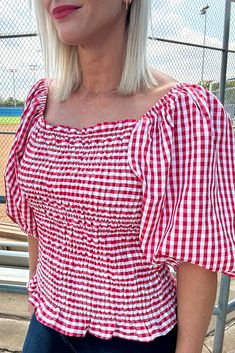 Women's Checkered Square Neck Smocked Top with Puff Sleeves in Red and White This elastic smocked top is the perfect mix of sass and sophistication, made up of a trendy checkered pattern, with a square neck, and irresistible puff sleeves. Get this amazing piece and you'll be the queen of fashion! Details Available in sizes S - L 1 Color Option Elastic Smocking Detail Square Neck with Elastic Band Detail Puff Sleeves Sizing Small: 2/4, Medium: 6/8, Large: 10/12 Fit "Model" is 5'3", 125-130lbs dep Red And White Checkered, Top With Puff Sleeves, Blouse Fits, Checkered Blouse, Bow Headband Hairstyles, Long Sleeve Outerwear, Smock Top, Smocked Top, Grey Denim