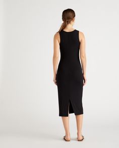 This sleeveless, scoop neck, midi-length rib knit dress is everything. So comfy and versatile, with a lot of stretch for the perfect fit, in a fabric that's drapey, pill-resistant, soft, and slimming. Tencel™ lyocell is a biodegradable fabric made from cellulose found in wood pulp. It is softer, more breathable, and uses 10-20 times less water in production compared to cotton.  | Quince | Women's Rib Knit Dress in Black, Size Medium, Tencel Sleeveless Sleek Seamless Bodycon Dress, Seamless Midi Dress For Night Out, Sleek Sleeveless Seamless Bodycon Dress, Sleek Sleeveless Ribbed Dress, Chic Seamless Midi Dress, Elegant Sleeveless Seamless Midi Dress, Chic Seamless Midi Bodycon Dress, Seamless Bodycon Midi Dress, Sleek Ribbed Midi Dress