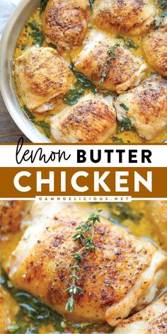 Need an easy homemade meal? Here's a lemon butter chicken recipe! You'll love these crisp-tender chicken thighs in a creamy lemon butter sauce. They're also a quick weeknight dinner with just 10 minutes of prep! Creamy Lemon Butter Sauce, Lemon Butter Chicken Recipe, Lemon Garlic Butter Chicken, Lemon Garlic Chicken Thighs, Lemon Chicken Thighs, Cooking Spinach, Lemon Butter Chicken, Lemon Garlic Chicken, Butter Chicken Recipe