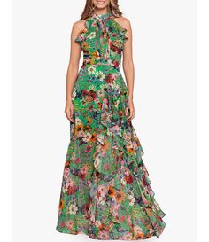 Betsy & Adam Halter Neck Sleeveless Ruffle Front Floral Chiffon Maxi Dress | Dillard's Floral Print Chiffon Dress, Floral Print Gowns, Ruffled Gown, Evening Dress Collection, Printed Gowns, Halter Gown, Chiffon Evening Dresses