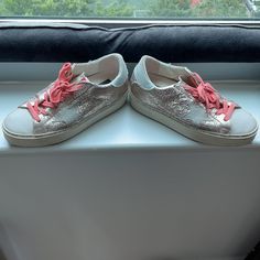 Silver Sparkle With Light Denim Star/Back And Pink Laces. Size 37 Fit A Size 8. Hardly Worn Golden Goose Platform, Shoes Golden Goose, Goose Shoes, Golden Goose Shoes, Silver Sparkle, Golden Goose, Platform Sneakers, Light Denim, Pink Lace