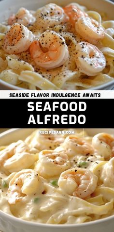 seafood alfredo with shrimp and scallops served in a white bowl