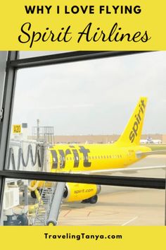 an airplane is parked at the airport with text overlay that reads why i love flying spirit airlines