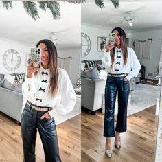 Code: BOGO50 or TammyL15 at Avara. Small button-down shirt. 0 short faux leather pants. Bow shirt, Holiday outfit. Holiday outfits. Click on my link below to shop. Affiliate Link: https://liketk.it/4X5yf #LTKSaleAlert#LTKOver40#LTKHoliday Bow Shirt, Bow Shirts