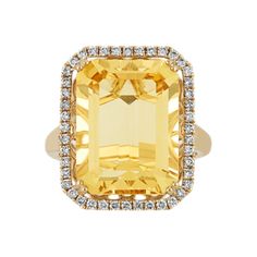 an 18k yellow gold and diamond ring, with a square cut citrine surrounded by round brilliant pave diamonds