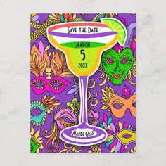 Mardi Gras Masks Colorful Martini Save the Date Invitation Postcard Party Mexican Food, Mardi Gras Date, Fiesta Party Theme, Cactus Margarita, Mardi Gras Invitations, Invitation Typography, Masquerade Party Invitations, Tequila Day, Martini Party