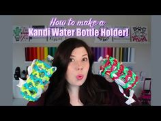 a woman holding up two colorful lollipops in front of her face with the words how to make a kanmi water bottle holder