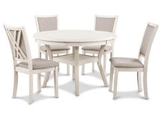 a white table and four chairs with beige upholstered backrests on an isolated white background