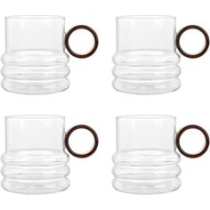 four clear glass mugs with brown handles