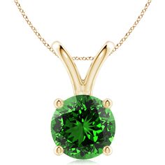 The round lab-grown emerald linked to a V bale captivates the senses with its rich green brilliance. This lab-grown emerald solitaire pendant is prong set in 14k yellow gold and has a refined elegance about it. Emerald Pendants, Emerald Pendant, Rich Green, Solitaire Pendant, The Senses, 18k Rose Gold, Prong Setting, Lab Grown, Emerald