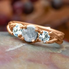 Meteorite and Rose Gold Nature Engagement Ring Ring For Bride, Alternative Ring, Boho Wedding Ring, Nature Engagement Ring, Meteorite Jewelry, Meteorite Ring, Stone Rose, White Gold Wedding Bands, Etsy Wedding Rings