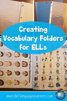 an open book with the title creating vocabulary folders for ells