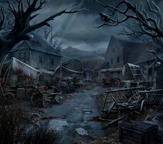 an image of a creepy village at night with blood on the ground and old buildings