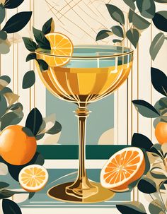 a painting of a glass of wine with oranges and leaves around it