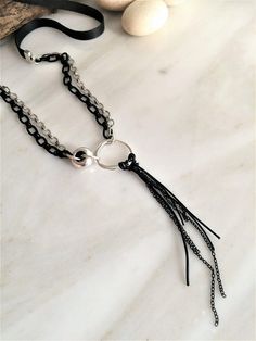 Long Leather Necklace, Black Steampunk, Silver Statement Necklace, Necklace Womens, Chain Reaction, Steampunk Necklace, Silver Necklace Statement, Fringe Necklace, Silver Chains