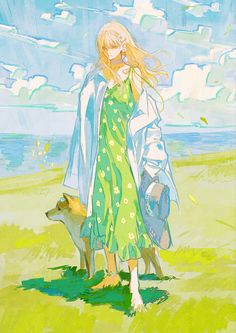 a painting of a girl and her dog walking on the grass by the water with clouds in the background