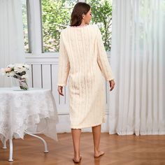 Winter Thicken Flannel Nightgown for Women Jacquard Long Sleeve Round Neck Sleepwear Warm Coral Long Sleeve Winter Sleepwear, Beige Long Sleeve Sleepwear With Lace Trim, Long Sleeve Lace Trim Robe For Bedtime, Cream Long Sleeve Robe For Sleep, Cream Long Sleeve Sleep Robe, Cream Long Sleeve Nightgown For Bedtime, Cream Long Sleeve Robe For Daywear, Long Sleeve Cream Robe For Home, Cream Long Sleeve Home Robe