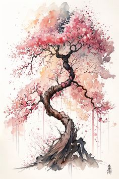 a watercolor painting of a tree with pink flowers on it's trunk and branches