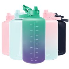 three different colored water bottles are shown with the same size as each bottle, and one is