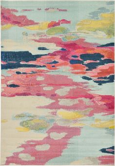 an abstract rug with pink, yellow and blue colors on the bottom half of it