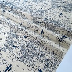 a blue and white map print fabric with black lines on the bottom half of it