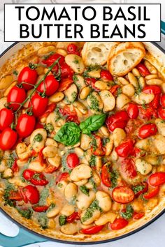 tomato basil butter beans in a skillet with text overlay