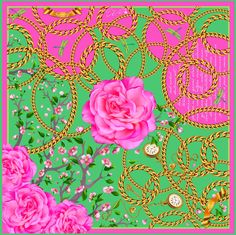 "Square 90x90 cm / 36x36\". 100% silk charmeuse hand-rolled hem, double-sided printing to ensure equal color saturation on both sides of the scarf.  Luscious roses, delicate pink cherry blossoms, gold jewelry, green dragonflies... Desire is magic. Everything we do in life is born out of a desire - from the simplest everyday actions to stunning feats of ambition and courage. Desire sparks our quest for beauty, our longing to be loved, our need to belong, and our appreciation of luxury and prestig Rose Dragon, 100 Roses, Magic Design, Dragon Fly, Pink Cherry, Gold Ribbons, Silk Charmeuse, Silk Twill, Dragonflies