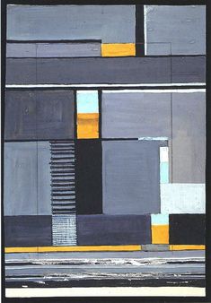 an abstract painting with black, yellow and grey squares on the bottom half of it