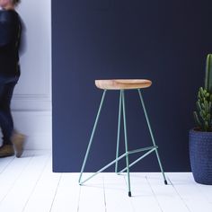 a wooden stool next to a cactus in a blue room with a person walking by