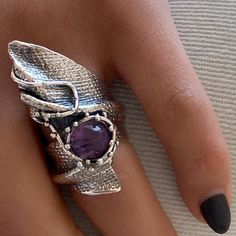 "Handmade silver ring with natural purple amethyst cabochon. Large and comfortable ring for your everyday look. Magic design and natural purple color of amethyst give this ring an unusual and \"crazy\" look. To say the truth, we love to create jewelry that will be unique and must have an uncommon design. If you want to be in the center of attention, just choose handmade and express your uniqueness Shahinian Jewelry: Inspiring by nature and the infinite beauty of the space... FULL DETAILS】 ► Gems Unique Cabochon Amethyst Ring, Unique Amethyst Cabochon Ring, Unique Amethyst Open Ring, Purple Cabochon Amethyst Ring, Silver Amethyst Cabochon Ring In Sterling Silver, Sterling Silver Amethyst Cabochon Ring, Silver Amethyst Open Ring, Silver Open Amethyst Ring, Unique Amethyst Crystal Ring