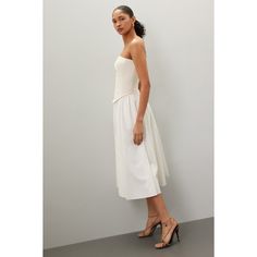 White (95% Polyester, 5% Spandex, 100% Cotton lining). Cocktail dress. Sleeveless. Strapless neckline. Back zipper closure. 42" from shoulder to hemline. Imported. Strapless Neckline, Strapless Midi Dress, Rent The Runway, Flowing Skirt, Flowy Skirt, Strapless Bra, Dress Sleeveless, Drop Waist, Fitted Bodice