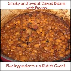 a large pot filled with baked beans and bacon