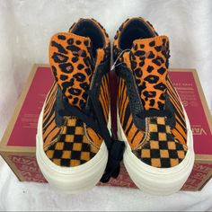 New In Open Top Box, No Lid! Authentic Vans X Billy's Bold Ni Sp Skate Shoes The Bold Ni Sports A Bright Orange Colorway Made Up Of Contrasting Patterns All Around. Covering The Tongue Is A Leopard Print, Followed By A Checkerboard Design At The Toebox. Stretching From The Heel To The Forefoot Are Faux-Crocodile Leather Strips That Separate The Shoe’s Leopard-Clad Collars From Its Lower Zebra-Striped Body. Animal Print Sneakers, White Slip On Vans, Maroon Vans, Vans Slip On Shoes, Floral Vans, Brown Womens Shoes, Yellow Vans, Black And White Vans, Fur Animal