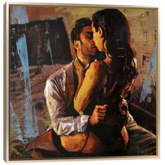 a painting of a man and woman embracing each other