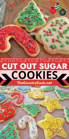 cut out sugar cookies with christmas decorations on them