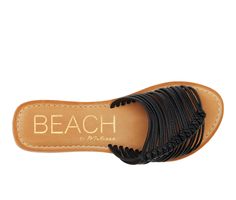 Leather upper, Slip on for easy entry,0.25\ flat heel, Open round toe, Lightly padded footbed, Man made outsole, Multi-strap design with asymmetrical woven knot details | Women's Beach by Matisse Baxter Sandals in Black Size 7 Woman Beach, Strap Design, Sandals Black, Black Sandals, Knot, Leather Upper, Slip On, Size 7, Size 10