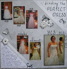 a collage with pictures of brides and their wedding gowns on it's side