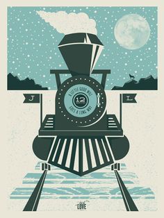 a poster with a train on the tracks in front of a full moon and stars