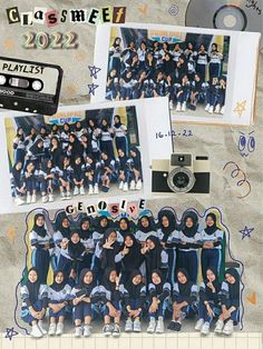 a group of people are posing in front of a camera and album cover with the words classmee written on it