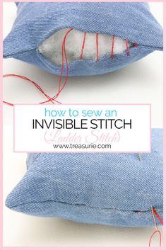 two blue pillows with red thread on them and the words how to sew an invisible stitch