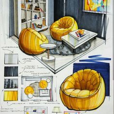 a drawing of a living room with yellow furniture