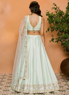 Mint Embroidered Silk Lehenga – Lashkaraa Gharara Suits, Engagement Lehenga, Half Saree Lehenga, Celebrity Closet, Silk Bottoms, Casual Saree, Lehenga Saree, Silk Lehenga, Net Dupatta