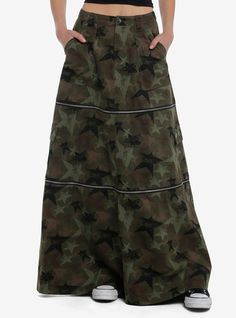 This is the skirt that keeps on giving! This skirt has an allover camo star print and comes with two zip-off tiers so you can change the length from maxi  to midi  to mini depending on your mood! Comes with front and cargo pockets.Please note: Skirt is fitted with no stretch; size up for a looser fit.97% rayon; 3% spandexWash cold; dry flat No stretch3 zippered partsImported Listed in junior sizesModel is 5'10"Model wears size Small Social Collision, Types Of Clothing Styles, Camo Skirt, Skirt Maxi, Cargo Skirt, Hippie Outfits, Off Black, Christmas Wishes, Star Print