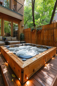 Wooden hot tub on a backyard deck providing a secluded spot for relaxation under a wooden pergola. Deck With Hot Tub Ideas, Small Sunroom Designs, Outdoor Oasis Patio, Rustic Hot Tubs, Modern Hot Tubs, House Backyard Ideas, Deck Hot Tub