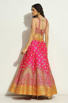 Fuchsia, burnt orange colorblock attached cancan lehenga with gota embroidery in floral pattern. Paired with spaghetti padded blouse and scallop border embroidered dupatta. - Aza Fashions Gota Embroidery, Cancan Lehenga, Scallop Border, Gota Work, Padded Blouse, Embroidered Dupatta, Dupion Silk, Silk Embroidery, Sweetheart Neck