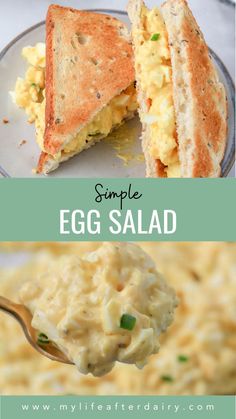 an egg salad on a plate with a spoon in it and the words, simple egg salad