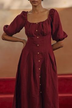 Shop for Cord Maroon Linen Ella Sleeve Embroidered Dress for Women Online at Aza Fashions Ruby Jewel, Linen Embroidery, Embroidery Floral, Wooden Buttons, Embroidery Details, Linen Dress, Embroidered Dress, Aza Fashion, Dresses Xs